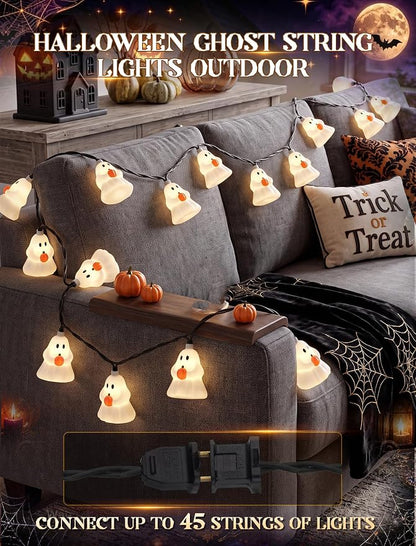 Halloween Ghost String Lights, 8.5FT 10 LED White Ghost Outdoor Patio Decor | 4.5W Warm White Glow, Plug in End to End Connectable, Waterproof & Energy-saving, UL Listed for Home Porches Gardens Windows