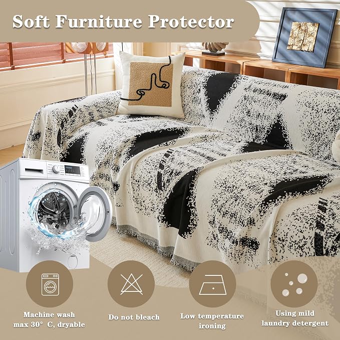 MYSKY HOME Sectional Couch Cover Black Boho Geometric Sofa Covers for Sectional Sofa L Shape Chenille Couch Protector for Dogs Pets Couch Throw Cover Washable Durable for Home Decor, 71" X118"