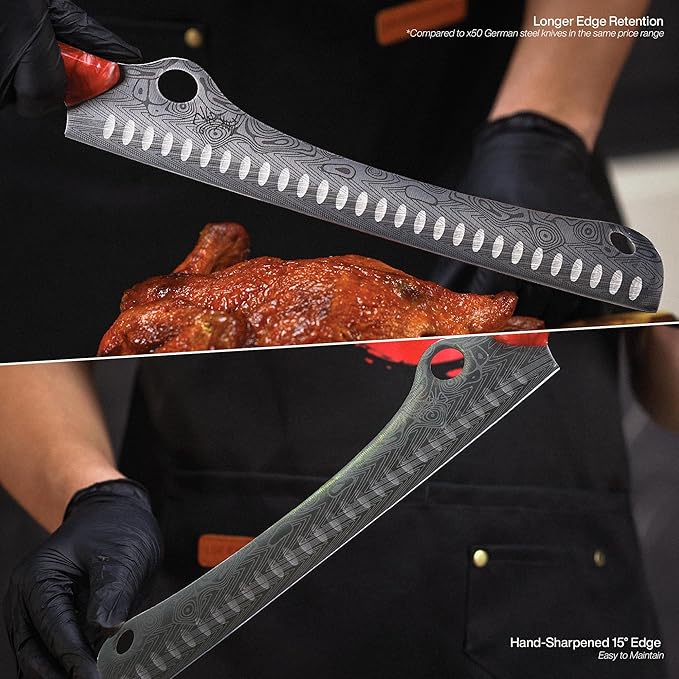 Jikko® SteelFang Edition – Japanese Brisket Knife 12" with Olive Wood & Red Epoxy Handle | Premium Butcher & Carving Knife for Meat, BBQ, and Brisket Slicing – Ultra Sharp Stainless Steel Blade