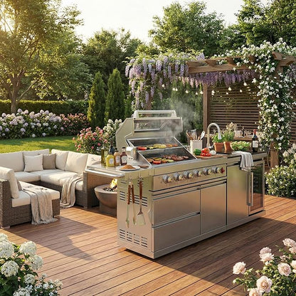 Outdoor Grills & Smokers, Portable Camping Charcoal Grill Cooking Barbecue, 6-Burner 75300 BTU, SS304 with Sink, Wine Cooler, Refrigerator, Granite Countertops & Rotisserie Kit,A5