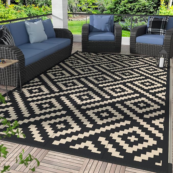 GENIMO Outdoor Rug, Waterproof Plastic Rugs for Patio, 5'x8' Black Beige | Outside Larger Modern Carpet Mat for Porch Decor, Deck, Balcony, Camping, RV, Backyard, Picnic, Beach, Reversible, Foldable
