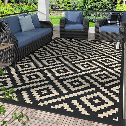 GENIMO Outdoor Rug, Waterproof Plastic Rugs for Patio, 8'x10' Black Beige | Outside Larger Modern Carpet Mat for Porch Decor, Deck, Balcony, Camping, RV, Backyard, Picnic, Beach, Reversible, Foldable