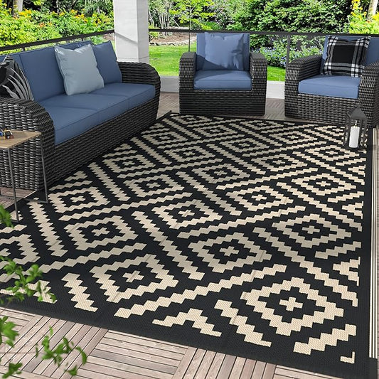 GENIMO Outdoor Rug, Waterproof Plastic Rugs for Patio, 8'x10' Black Beige | Outside Larger Modern Carpet Mat for Porch Decor, Deck, Balcony, Camping, RV, Backyard, Picnic, Beach, Reversible, Foldable