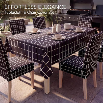 7 Pcs Black Grid Tablecloth and Chair Covers Set 60 x 84 Inch Waterproof Stain Resistant Rectangular Table Cover with Stretchable Removable Chair Slipcovers for Dining Room Patio Summer Party