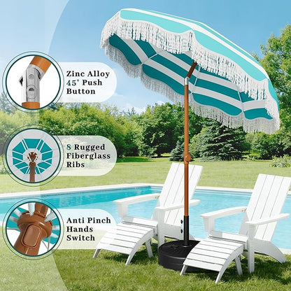 AreShark 7ft Patio Umbrella with Fringe, UPF50+ Beach Umbrella for Table, Pool & Garden, Portable Outdoor Tassels Umbrella w/Fiberglass Ribs&Push Bottom Tilt(Blue and White Stripe)
