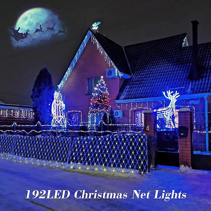 HEYFUNi 192 LED Net Lights Outdoor Mesh Lights,8 Modes Net Light for Bushes Plug in, Waterproof Christmas Net String Light for Bushes Ceiling Wedding Indoor Outdoor(9.8ft x 6.6ft,Blue White)