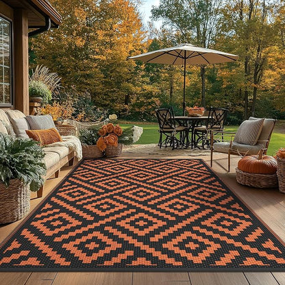 GENIMO Outdoor Rug, Waterproof Plastic Rugs for Patio, 6'x9' Black Orange | Outside Larger Modern Carpet Mat for Porch Decor, Deck, Balcony, Camping, RV, Backyard, Picnic, Beach, Reversible, Foldable