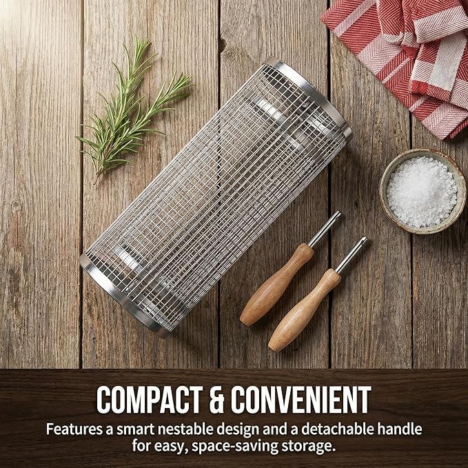 Rolling Grill Basket 2-Pack, Removable Wooden Handle, 304 Stainless Steel, BBQ Grill Accessories for Vegetables, Birthday Father Days for Dad, Husband, Men – Outdoor Kitchen Camping Grilling