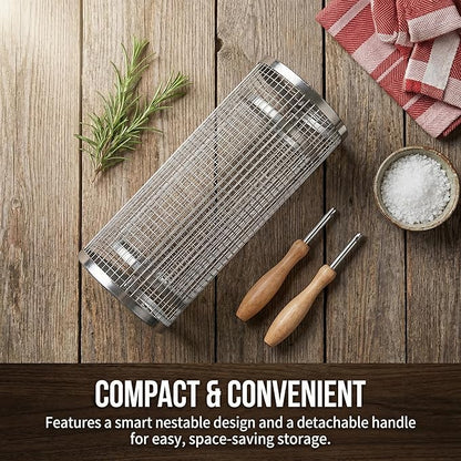 Rolling Grill Basket 2-Pack, Removable Wooden Handle, 304 Stainless Steel, BBQ Grill Accessories for Vegetables, Birthday Father Days for Dad, Husband, Men – Outdoor Kitchen Camping Grilling