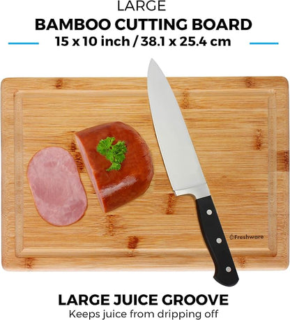 Freshware Freshware Bamboo Cutting Boards for Kitchen with Juice Groove [Set of 2] Wood Cutting Board for Chopping Meat, Vegetables, Fruits, Cheese, Knife Friendly Serving Tray with Handles