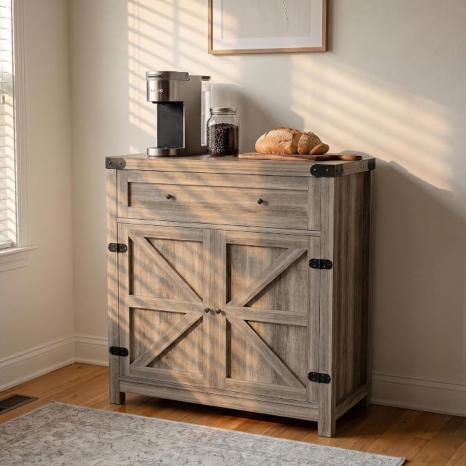 YESHOMY Kitchen Storage Cabinet, Coffee Bar Cabinet, Farmhouse Sideboard Buffet with Storage, Barn Door Accent Cabinet with a Drawer and Adjustable Shelf for Kitchen, Dining Room, Entryway, Oak, 1PCS