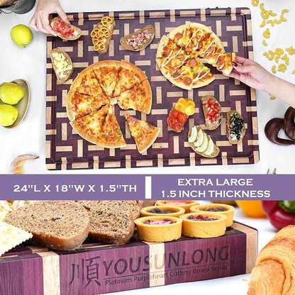 YOUSUNLONG Extra Large Cutting Board End Grain Purple Heart Wood - Thickened-Heavy Duty Butcher Block 24"L x 18"W x 1.5"Th w/Juice Groove and Handle - Serving Tray for Meat & Cheese,Brisket Board