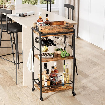 3 Tier Rolling Bar Cart with Wheels, Wine Cart with Removable Tray, Rustic Bar Carts Small, Drink Cart for Small Spaces, Beverage Cart, Liquor Cart for Kitchen, Living Room(Rustic Brown)GBC513R