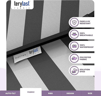 MIDTOWN UMBRELLAS The Lean 9 Feet Outdoor Umbrella With Terylast Matter Stripes (Grey/White Stripes) Polyester Fabric - Auto-Tilt Aluminum Frame Patio Umbrella For Deck, Garden, Pool - Black Pole