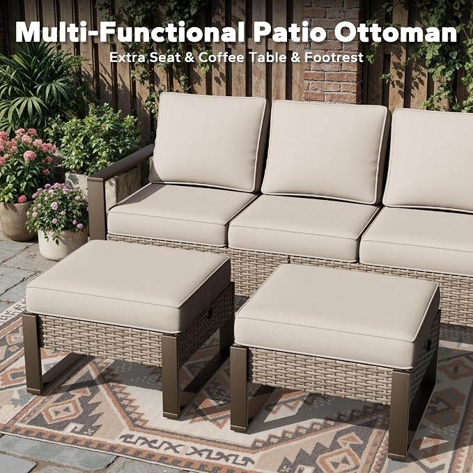 Joyside Outdoor Patio Chairs, 8 Pieces Wicker Rattan Furniture Set, 4 Patio Chairs, 1 Sofa, 2 Ottoman and 1 Table, Metal Wide Armrest, Thick Cushions and Deep Seating for Garden, Backyard, Porch