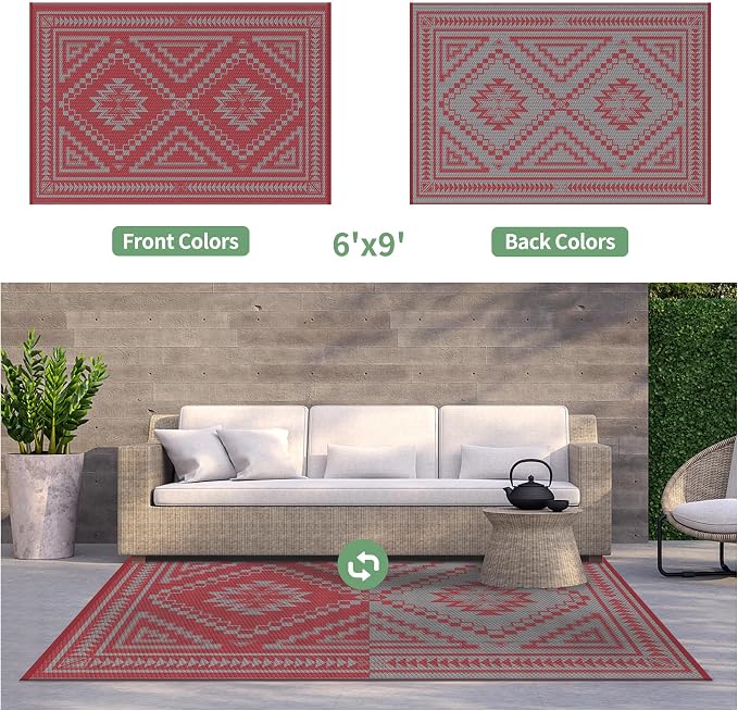 GENIMO Outdoor Rug, Waterproof Plastic Rugs for Patio, 6'x9' Mist Red | Outside Larger Modern Carpet Mat for Porch Decor, Deck, Balcony, Camping, RV, Backyard, Picnic, Beach, Reversible, Foldable