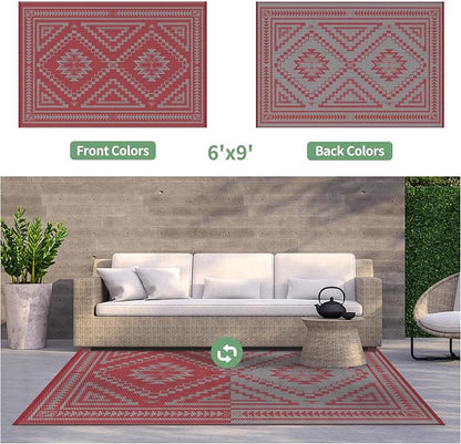 GENIMO Outdoor Rug, Waterproof Plastic Rugs for Patio, 6'x9' Mist Red | Outside Larger Modern Carpet Mat for Porch Decor, Deck, Balcony, Camping, RV, Backyard, Picnic, Beach, Reversible, Foldable