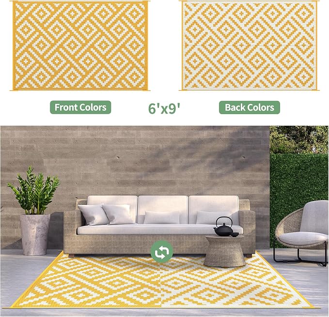 GENIMO Outdoor Rug, Waterproof Plastic Rugs for Patio, 6'x9' Yellow White | Outside Larger Modern Carpet Mat for Porch Decor, Deck, Balcony, Camping, RV, Backyard, Picnic, Beach, Reversible, Foldable