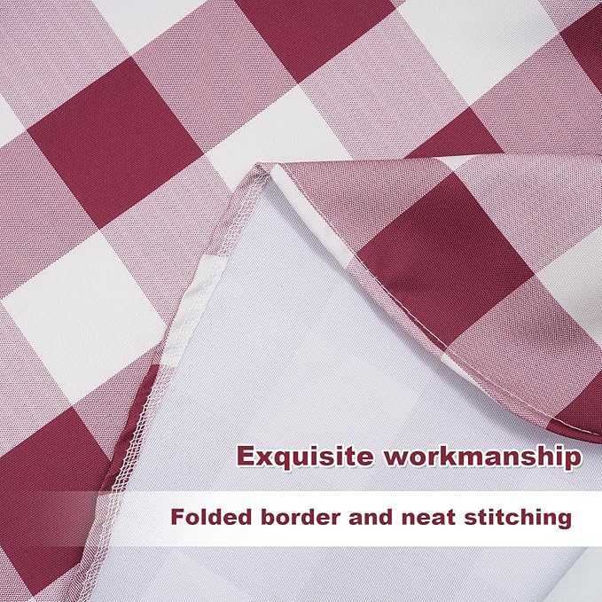 SquarePie 60 Inch Round Outdoor Tablecloth with Umbrella Hole and Zipper - Spillproof Wipeable Polyester Gingham Table Cloth Cover for Patio Picnic Camping Garden BBQ, Burgundy Red Checkered