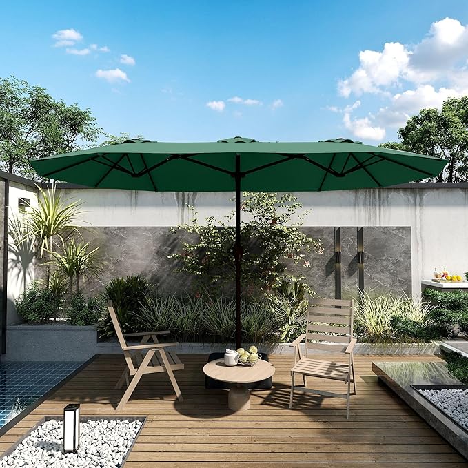 Kingdura 15ft Large Patio Umbrella with Base Included, Double-Sided Rectangle Outdoor Table Umbrella with 12 Reinforced Ribs, Crank Lift for Market Pool Deck Backyard, Dark green
