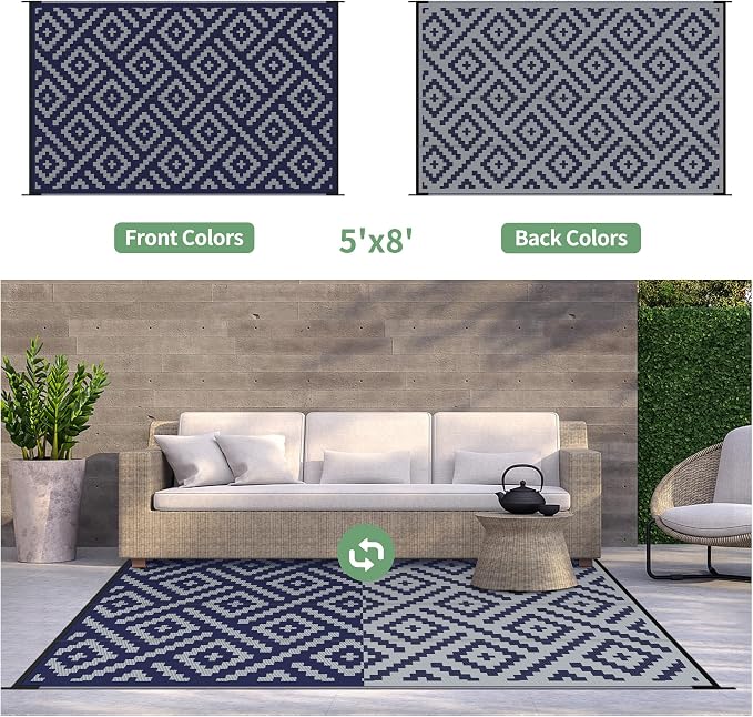 GENIMO Outdoor Rug, Waterproof Plastic Rugs for Patio, 5'x8' Blue Grey | Outside Larger Modern Carpet Mat for Porch Decor, Deck, Balcony, Camping, RV, Backyard, Picnic, Beach, Reversible, Foldable