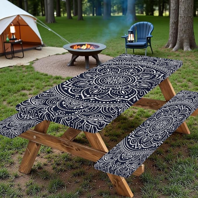 Rectangle Picnic Table Cover with Bench Covers 6FT 3PCS, Camping Essentials,Rectangle Fitted Camping Tablecloth Waterproof with Elastic Edge for Indoor Outdoor Patio, 72in, Boho