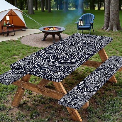 Rectangle Picnic Table Cover with Bench Covers 6FT 3PCS, Camping Essentials,Rectangle Fitted Camping Tablecloth Waterproof with Elastic Edge for Indoor Outdoor Patio, 72in, Boho