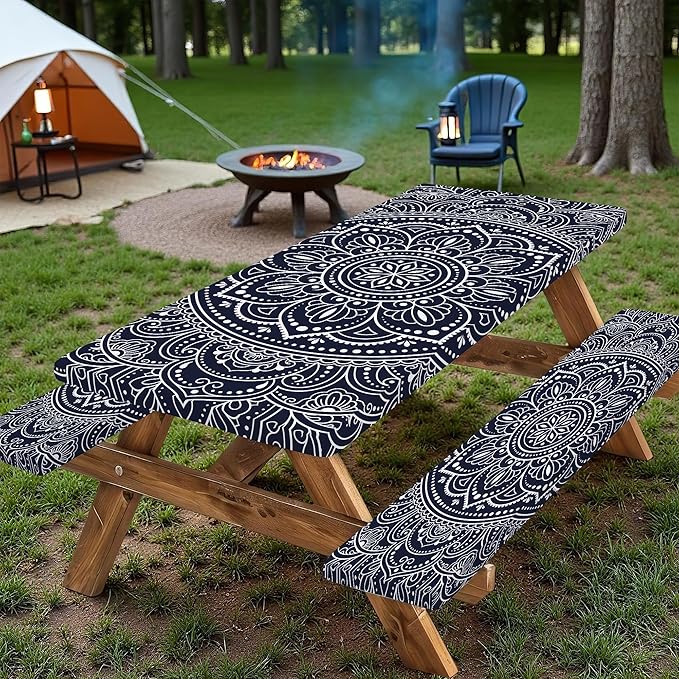 Picnic Table Cover with Bench Covers 6FT 3PCS, Camping Essentials, Rectangle Fitted Camping Tablecloth Waterproof with Elastic Edge for Indoor Outdoor Patio, 60in, Black and White