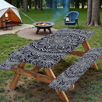 Picnic Table Cover with Bench Covers 6FT 3PCS, Camping Essentials, Rectangle Fitted Camping Tablecloth Waterproof with Elastic Edge for Indoor Outdoor Patio, 60in, Black and White