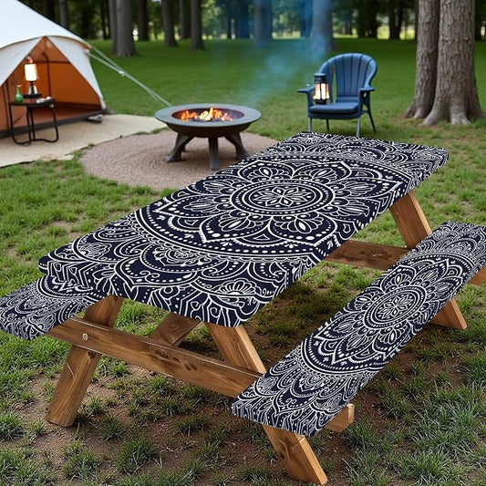 Picnic Table Cover with Bench Covers 6FT 3PCS, Camping Essentials,Rectangle Fitted Camping Tablecloth Waterproof with Elastic Edge for Indoor Outdoor Patio, 96in, Black and White