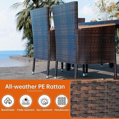 Shintenchi 7 PCS Patio Dining Set, Wicker Patio Conversation Set with Wooden Table Top, Outdoor Table and Chairs with Soft Cushions for Backyard, Deck and Garden, Brown Wicker
