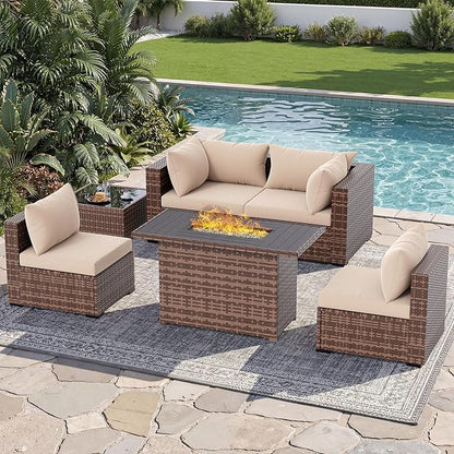 UDPATIO Patio Furniture Set with Fire Pit Table, 5 Piece Outdoor Sectional Sofas, All-Weather Wicker Conversation for Garden, Backyard, Khaki