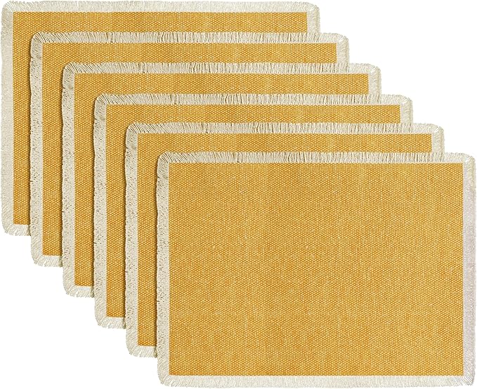 Hausattire Cotton Frayed Placemats Set of 6 Dining Table 13x19 Inch | Rustic Vintage Boho Washable Easter Placemat for Outdoor Parties BBQ's Wedding, Holiday, Special Occasions, Nubby Cotton - Yellow
