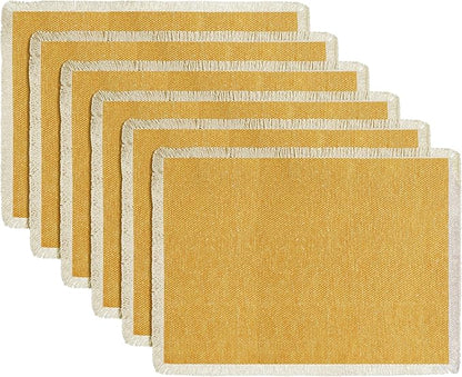 Hausattire Cotton Frayed Placemats Set of 6 Dining Table 13x19 Inch | Rustic Vintage Boho Washable Easter Placemat for Outdoor Parties BBQ's Wedding, Holiday, Special Occasions, Nubby Cotton - Yellow