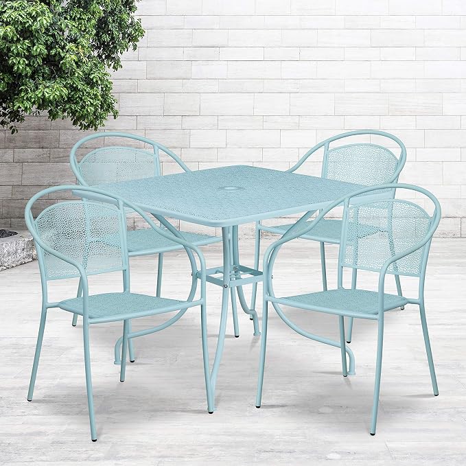 Flash Furniture 35.5" SQ Patio Table Set - 4 Round Back Chairs, Sky Blue | Commercial Grade, Indoor/Outdoor, Steel Frame, Resists UV Fading