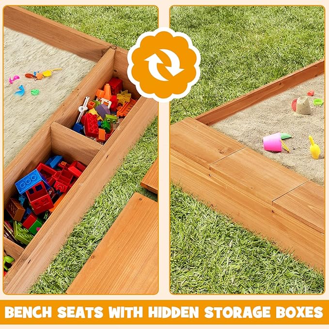 Costzon Kids Sandbox, Wooden Sand Pit w/Storage Boxes & Protective Bottom Liner, Outdoor Sand Box for Kids Age 3+ Backyard Garden Beach (with Sand Wall)
