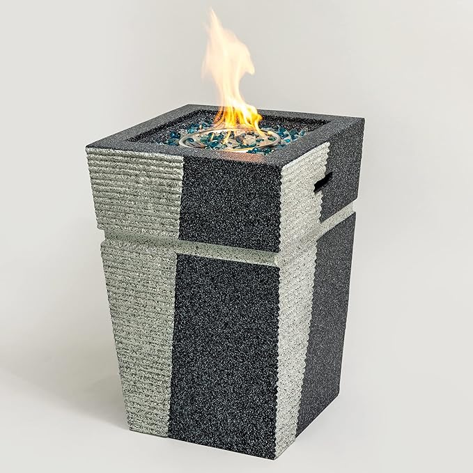 KEIKI 20 Inch Concrete Fire Column, Square Propane Gas Fire Pit with Stone Texture, 40000 BTU Outdoor Heating for Backyard Patio
