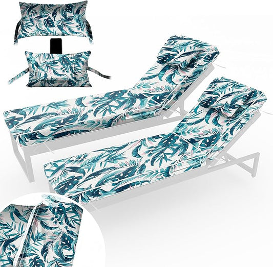 Chaise Lounge Cushions Outdoor Set of 2 Lounge Chair Cushion 72" L x 21" W with Headrest Straps 3'' Thick Waterproof Patio Chaise Cushions Pool Lounger Chair Cushion(Leaves & Flowers)