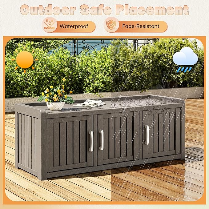 Bifanuo Shoe Storage Cabinet, 3 Door Outdoor Storage Bench with Adjustable Shelves, Waterproof UV-Resistant for Hallway, Living Room, Entryway, Large Capacity Modern Organizer (Grey)