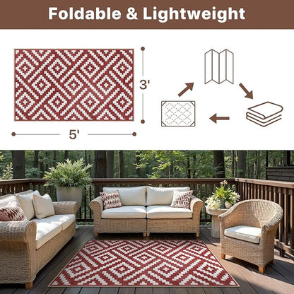 GENIMO Outdoor Rug 3'x5' Waterproof for Porch, Plastic Door Mat Ruby White | Outside Modern Carpet for Patio Decor, Balcony, Deck, Backyard, Picnic, Camping, RV, Reversible, Foldable, Lightweight