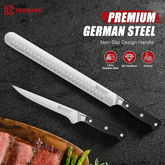 KEEMAKE Carving Knife Set with Sharpener, German High Carbon Steel, Ergonomic Full Tang Handle, Slicing & Boning Kitchen Knives for Meat Turkey BBQ and Brisket