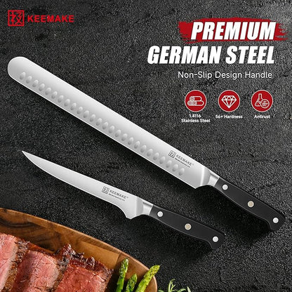 KEEMAKE Carving Knife Set with Sharpener, German High Carbon Steel, Ergonomic Full Tang Handle, Slicing & Boning Kitchen Knives for Meat Turkey BBQ and Brisket