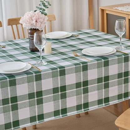 NLMUVW Vinyl Tablecloth with Flannel Backing 8ft Rectangle, 100% Waterproof PVC Table Cloth Wipe Clean Table Cover for Dining Party Camping Outdoor, Green Check, 60 X 120 Inch