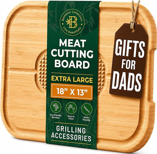 Meat Cutting Board - 18 x 13 Extra Large Bamboo Carving Board, Thick Butcher Block Cutting Board with Deep Juice Groove, Non Slip Center, Reversible Board for Steak, Brisket, Turkey, Grilling BBQ Prep