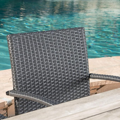 Christopher Knight Home Louise Outdoor Wicker Dining Set with Acacia Wood Table and Bench and Water Resistant Cushions, 6-Pcs Set, Sandblast Light Grey / Black Rustic Metal / Grey / Grey Cushions