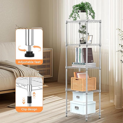M MZG 5 Tiers Shelf Metal Storage Shelves Wire Rack Closet Organizers with Wheel for Garage Kitchen Bathroom Laundry Chrome 11.8" D x 17.7" W x 55" H