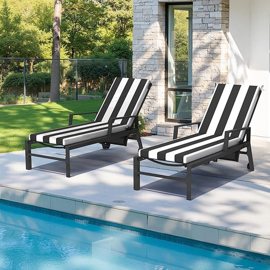 Crestlive Outdoor Chaise Lounge Cushions, 3 Years Fade Resistant Water Resistant Lounge Chair Cushion, 72''L x 21''W, Set of 2, Black Cabana Stripe