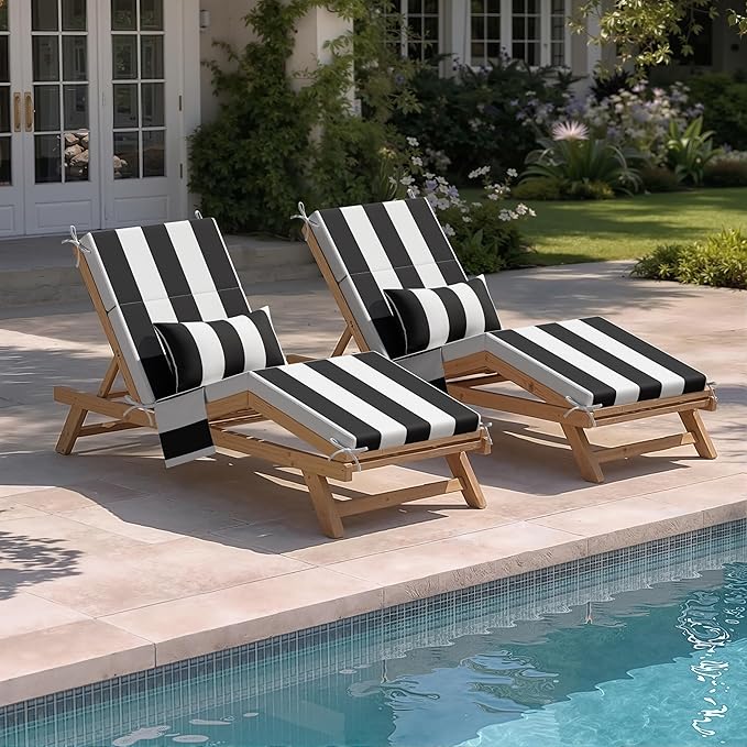 Crestlive Products Foldable Outdoor Chaise Lounge Cushions with Head Pillow and Side Pockets, Water Resistant & Fade Resistant Lounge Chair Cushion, 72''L x 21''W, Set of 2, Black Stripe
