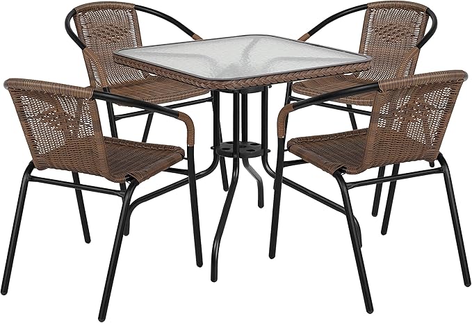 Flash Furniture Lila 28'' Square Glass Metal Table with Dark Brown Rattan Edging and 4 Dark Brown Rattan Stack Chairs