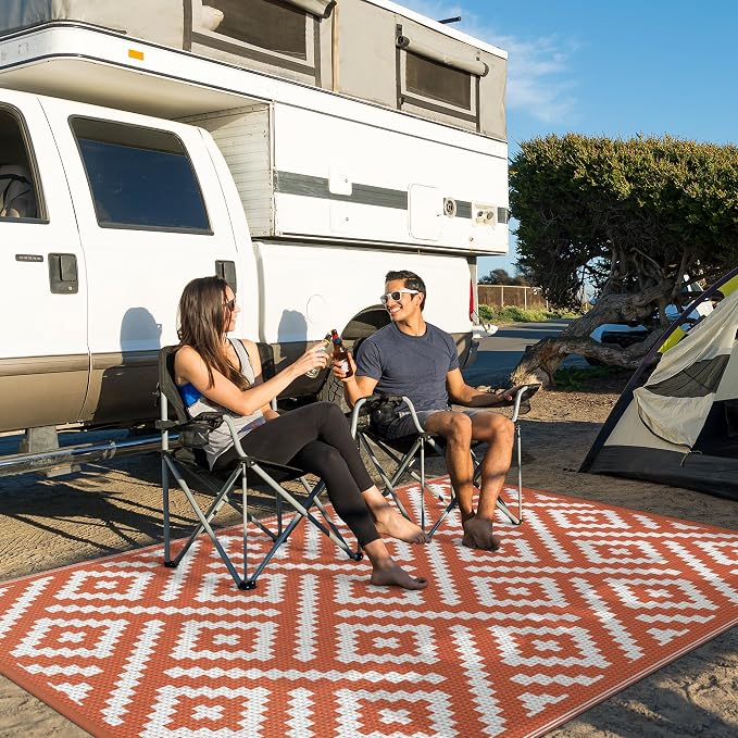 GENIMO Outdoor Rug, Waterproof Plastic Rugs for Patio, 6'x9' Orange White | Outside Larger Modern Carpet Mat for Porch Decor, Deck, Balcony, Camping, RV, Backyard, Picnic, Beach, Reversible, Foldable